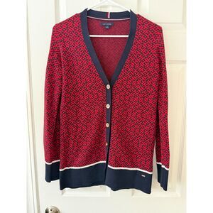 Tommy Hilfiger Monogram Jacquard Cardigan – Red & Navy – Size S/P